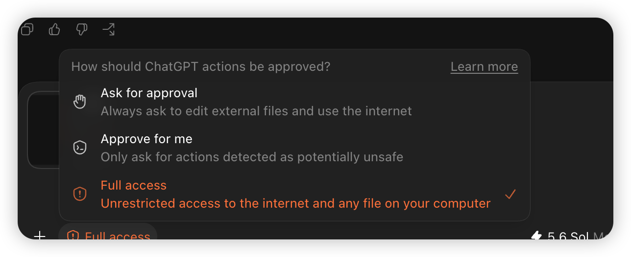 Ask for approval、Approve for me 和 Full access 三档审批方式