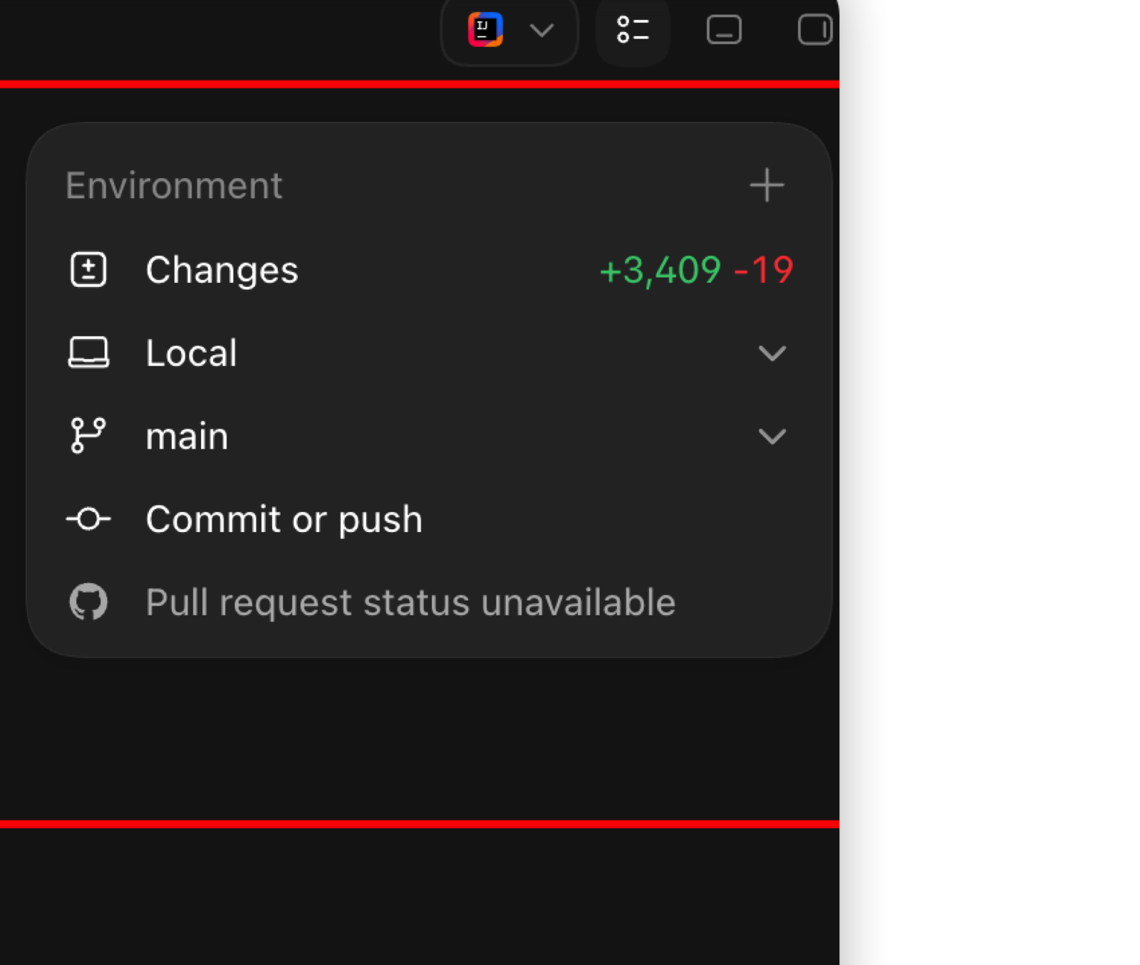 Codex Environment 面板，显示 Changes、Local、分支、Commit or push 和 PR 状态