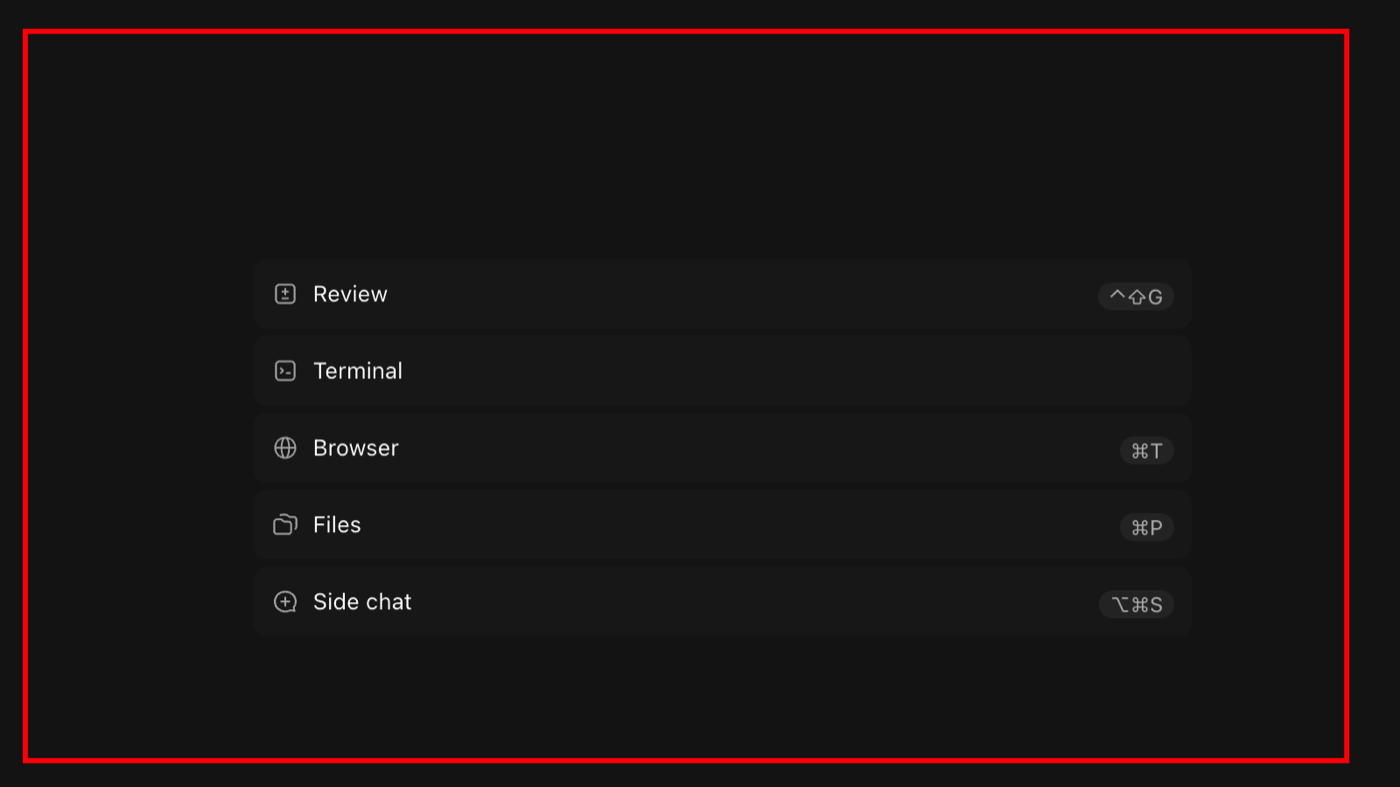 Codex 右侧菜单中的 Review、Terminal、Browser、Files 和 Side chat